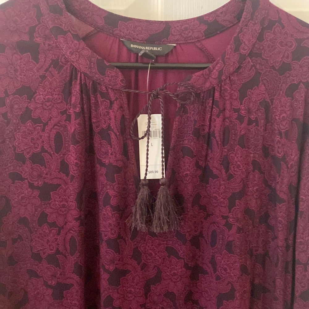 Banana Republic wine & black dress w keyhole neck & fringe tie L NWT PTP 23 - Picture 4 of 16